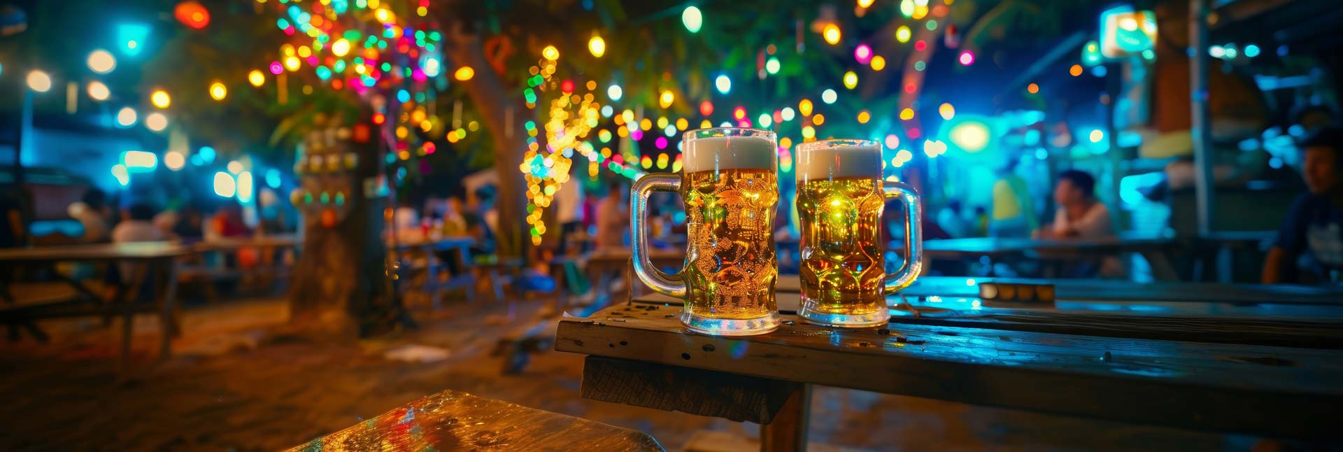 Beer glasses in a night-time beer garden with coloured lights