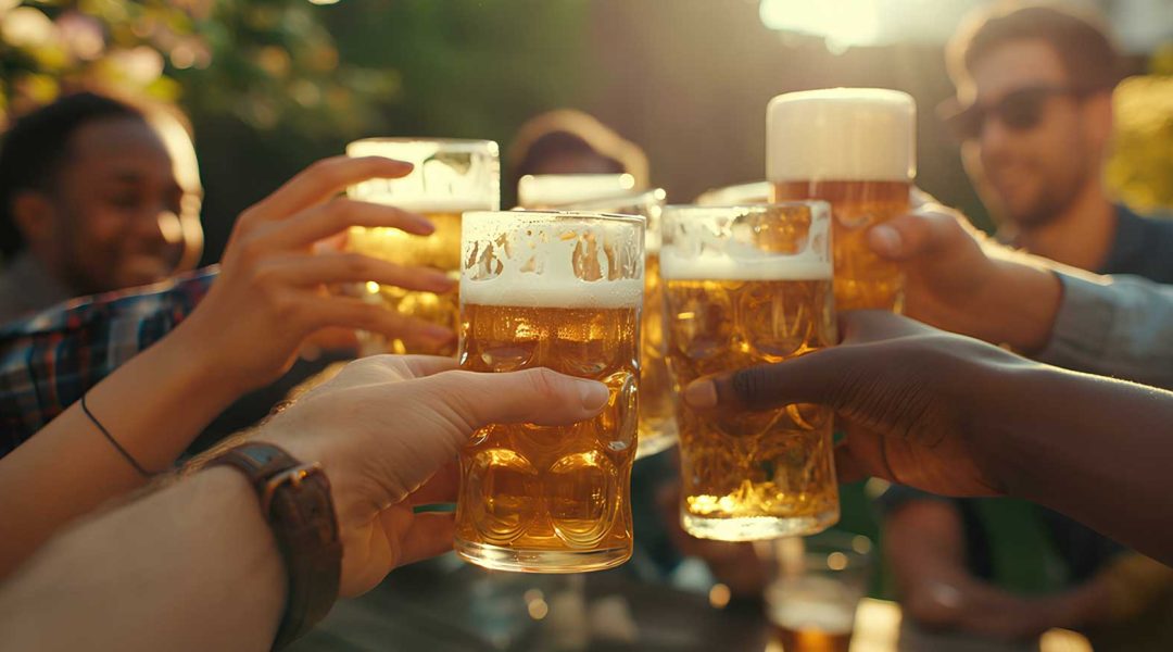 Smiling friends in a beer garden toasting with glasses of beer